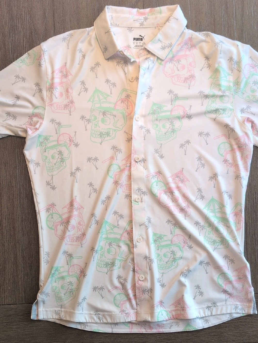 Puma White Short-Sleeve Button-Down with Pastel Pink & Mint Skull Print